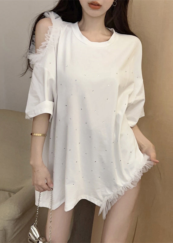 White Cold Shoulder Cotton Tops Asymmetrical Short Sleeve