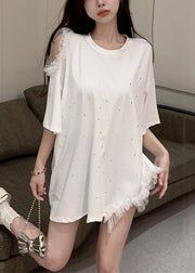 White Cold Shoulder Cotton Tops Asymmetrical Short Sleeve