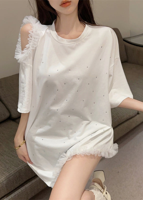 White Cold Shoulder Cotton Tops Asymmetrical Short Sleeve