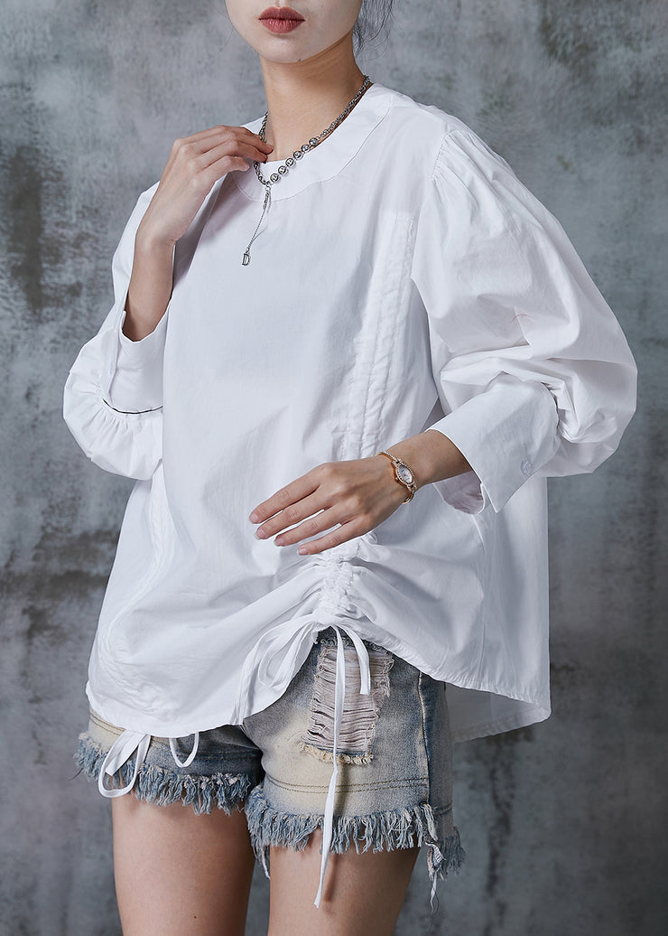 White Cotton Loose Sweatshirt Oversized Drawstring Summer