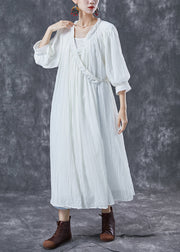 White Cotton Maxi Dresses Tie Waist Wrinkled Summer