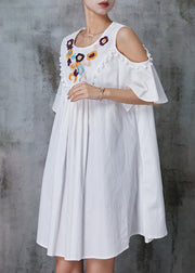 White Cotton Mid Dress Tasseled Embroidered Summer