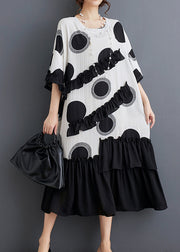 White Dot Print Patchwork Loose Chiffon Dress Ruffled Summer