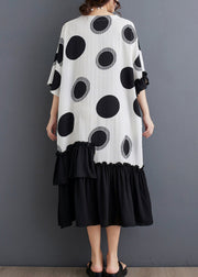 White Dot Print Patchwork Loose Chiffon Dress Ruffled Summer