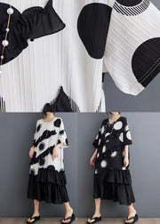 White Dot Print Patchwork Loose Chiffon Dress Ruffled Summer