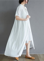 White Draping Cotton Holiday Dress Stand Collar Oversized Summer