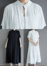 White Draping Cotton Holiday Dress Stand Collar Oversized Summer