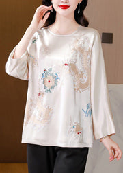 White Draping Silk Blouses Embroidered Spring