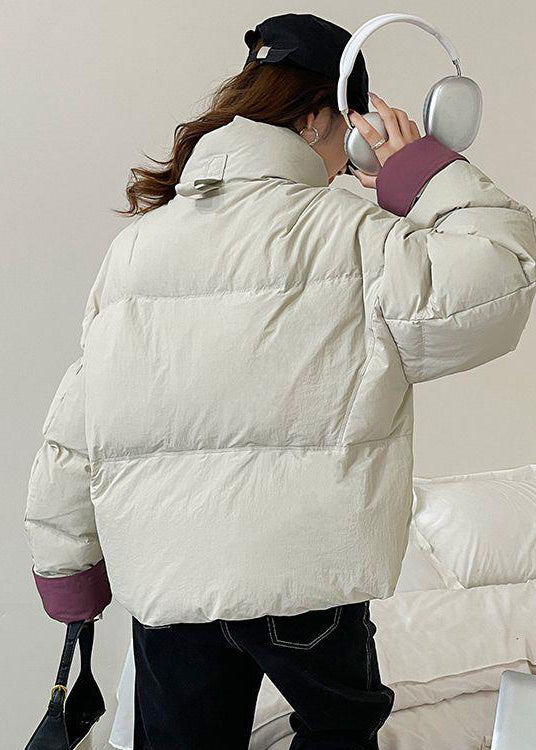 White Duck Down Puffer Short Coat Zip Up Stand Collar Winter