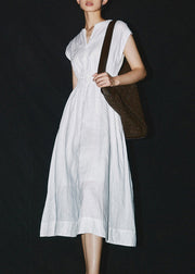 White Elastic Waist Solid Linen Maxi Dress Short Sleeve