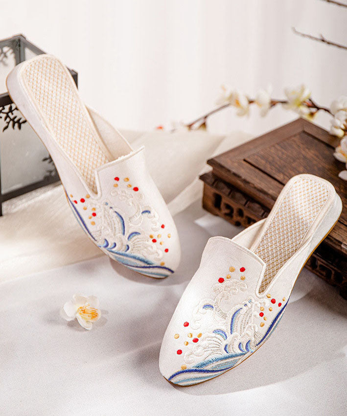 White Embroideried Cotton Fabric Chinese Style Splicing Flat Slide Sandals