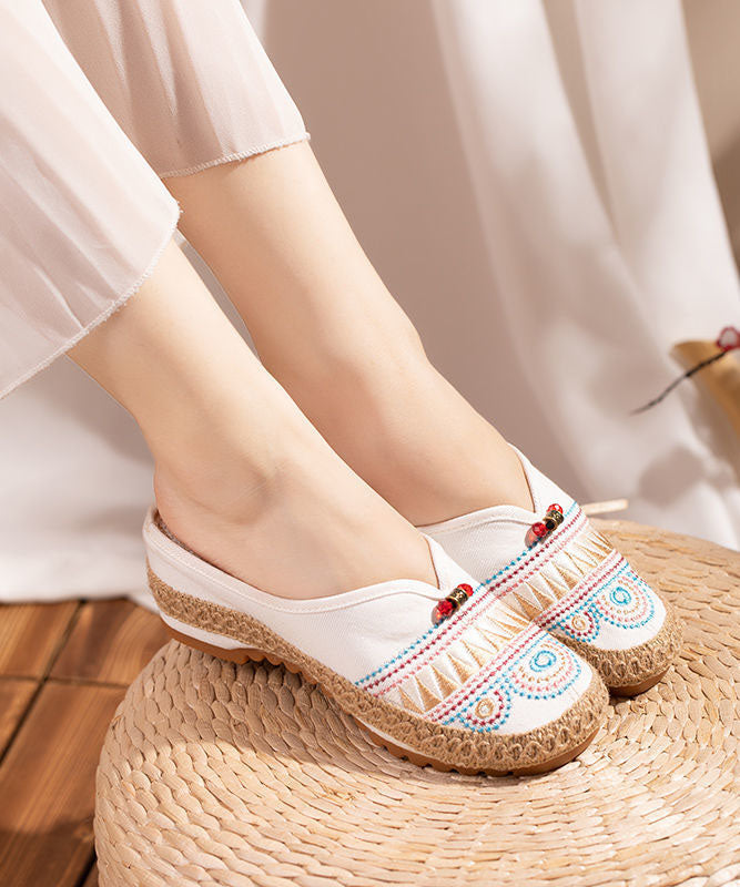 White Embroideried Slide Sandals Retro Splicing Linen Fabric