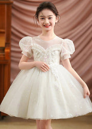 White Embroideried Tulle Baby Girls Party Dress Puff Sleeve Summer