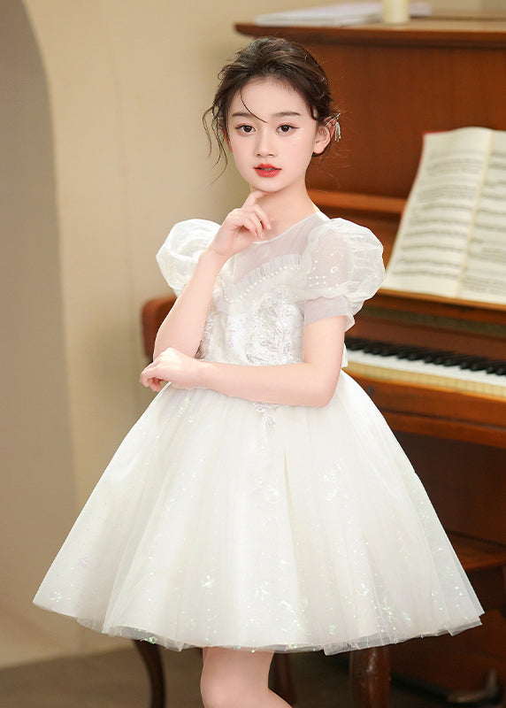 White Embroideried Tulle Baby Girls Party Dress Puff Sleeve Summer