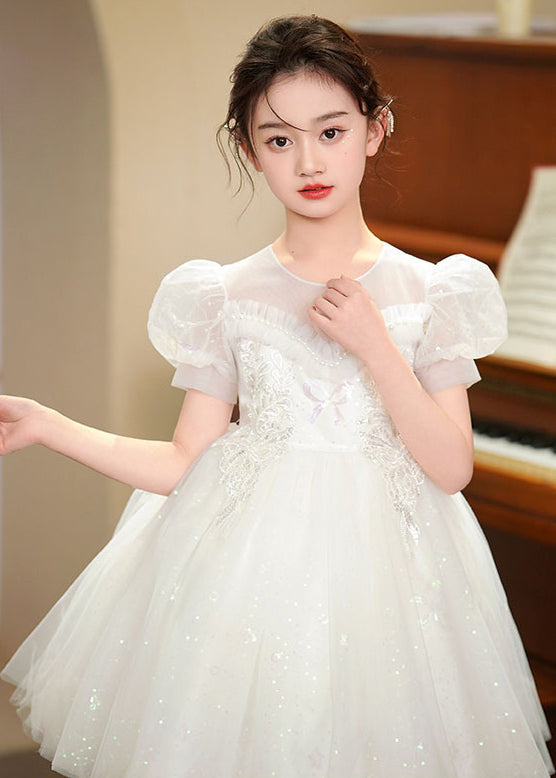 White Embroideried Tulle Baby Girls Party Dress Puff Sleeve Summer