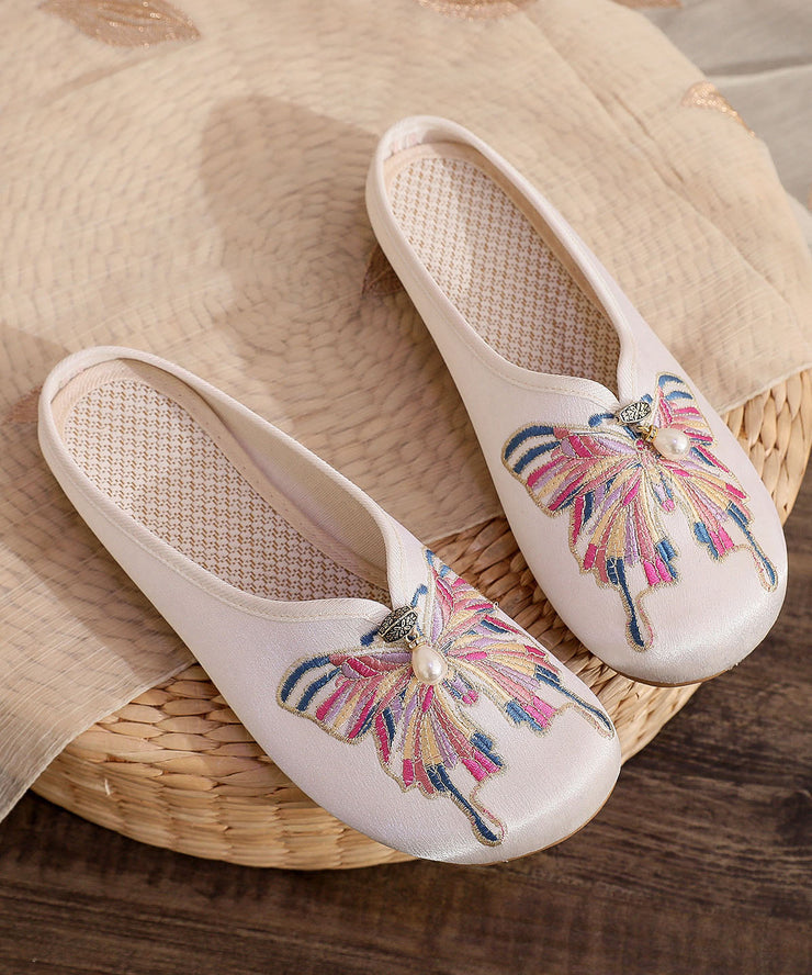 White Flat Slide Sandals Women Cotton Fabric Soft Splicing Embroideried