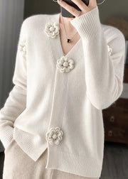 White Floral Embroidery Short Cashmere Knit Cardigan V Neck Spring