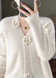 White Floral Embroidery Short Cashmere Knit Cardigan V Neck Spring