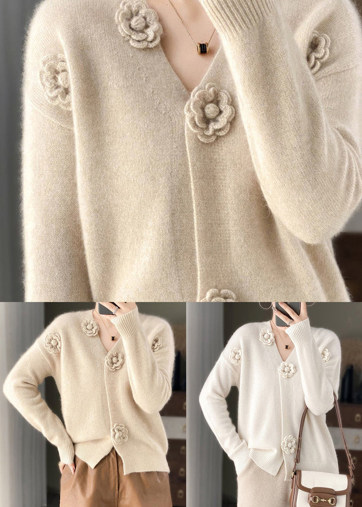 White Floral Embroidery Short Cashmere Knit Cardigan V Neck Spring