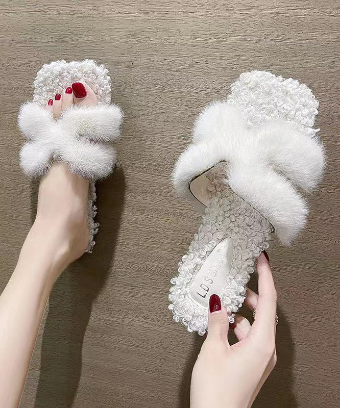 White Fuzzy Fur Stylish Splicing Slide Sandals Peep Toe