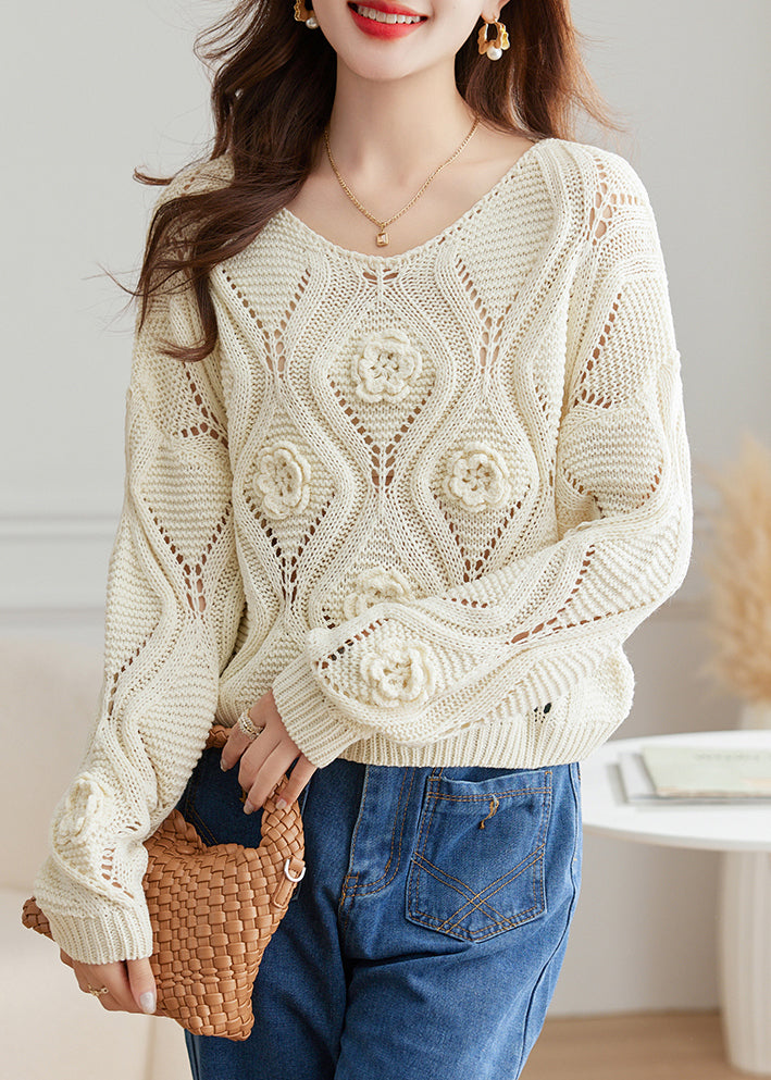 White Hollow Out Cozy Knit Fall Sweater O Neck