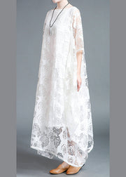 White Hollow Out Lace Vacation Long Dresses Half Sleeve