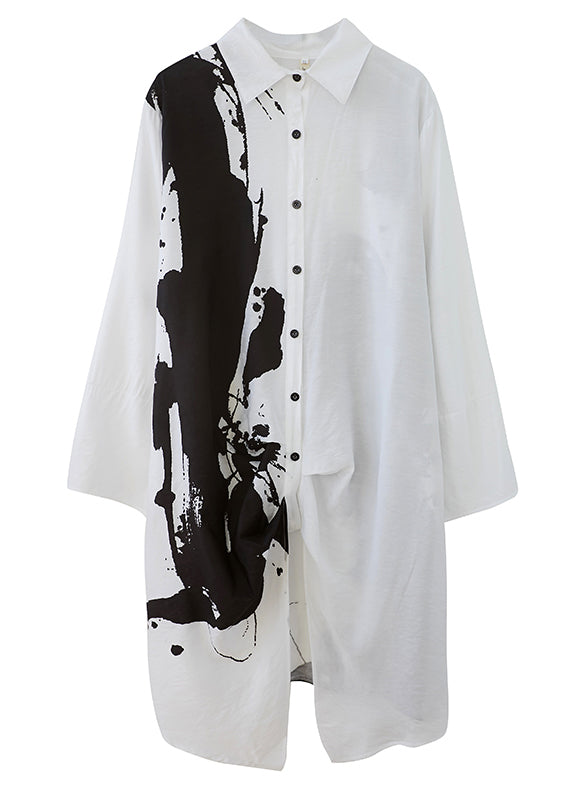 White Inkwash Painting Cotton Dress Asymmetrical Fall