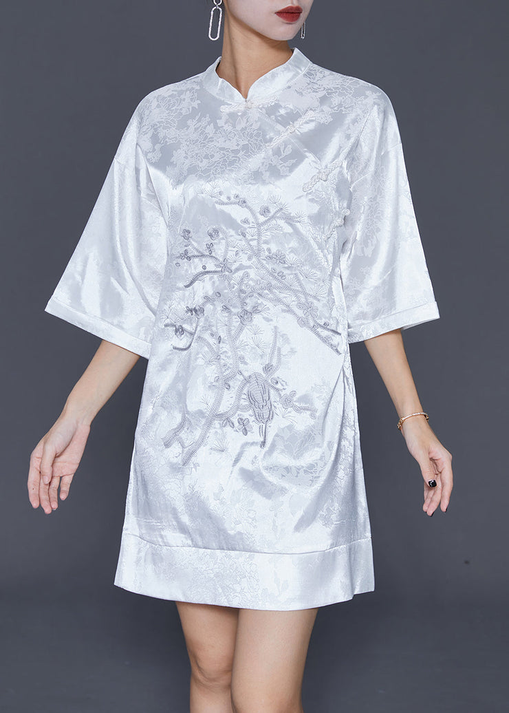 White Jacquard Silk Chinese Style Dress Embroideried Half Sleeve