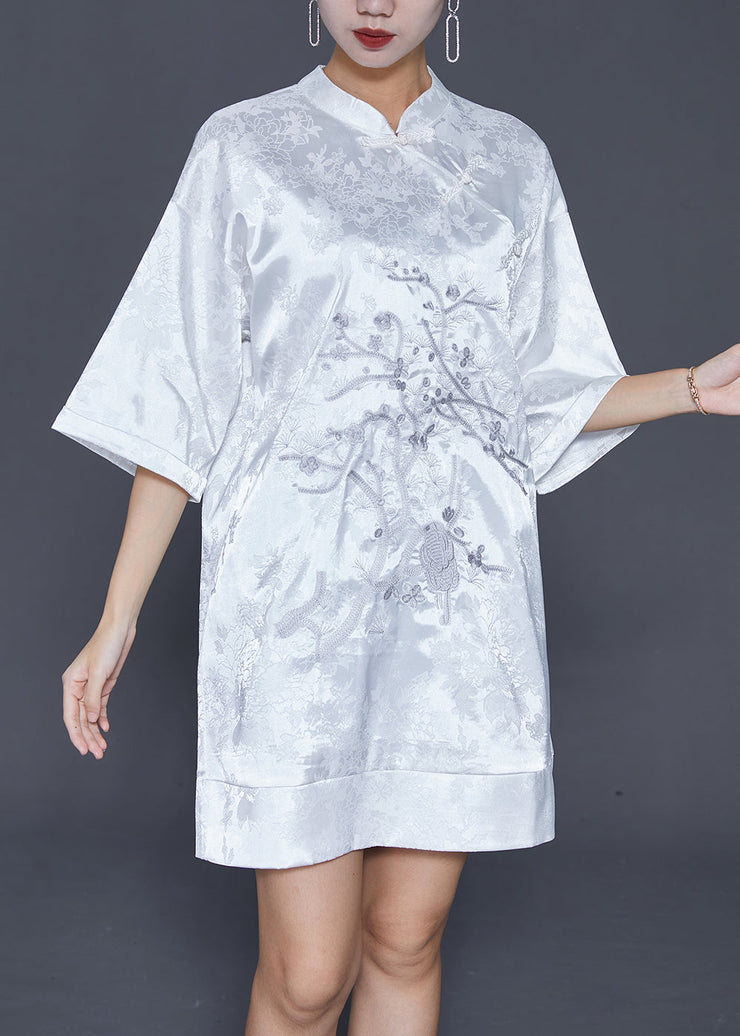 White Jacquard Silk Chinese Style Dress Embroideried Half Sleeve