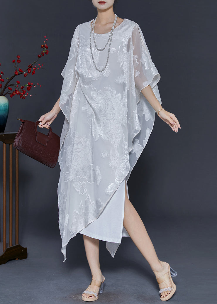 White Jacquard Silk Holiday Dress Asymmetrical Summer