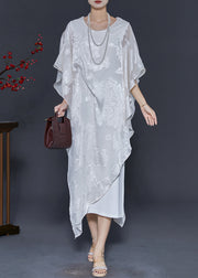 White Jacquard Silk Holiday Dress Asymmetrical Summer