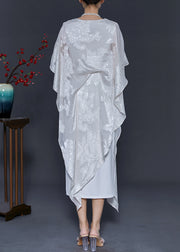 White Jacquard Silk Holiday Dress Asymmetrical Summer