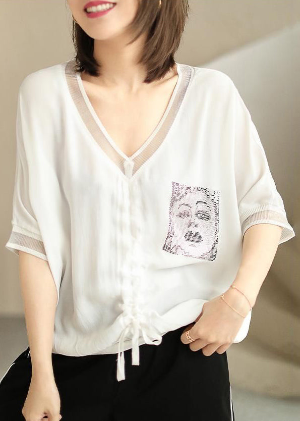 White Lace Up Patchwork Silk Cotton Top V Neck Summer