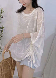 White Lace Up Thin Ice Silk Knit Top O Neck Half Sleeve