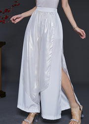 White Layered Chiffon Wide Leg Pants Elastic Waist Summer