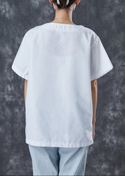 White Loose Cotton Blouses V Neck Pockets Summer