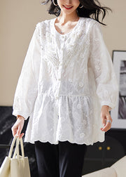 White Nail Bead Button Blouses Embroidered Long Sleeve