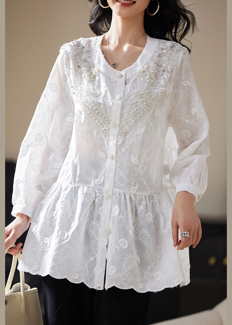 White Nail Bead Button Blouses Embroidered Long Sleeve