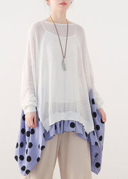 White O-Neck Dot Patchwork Cotton Knit Tops Batwing Sleeve