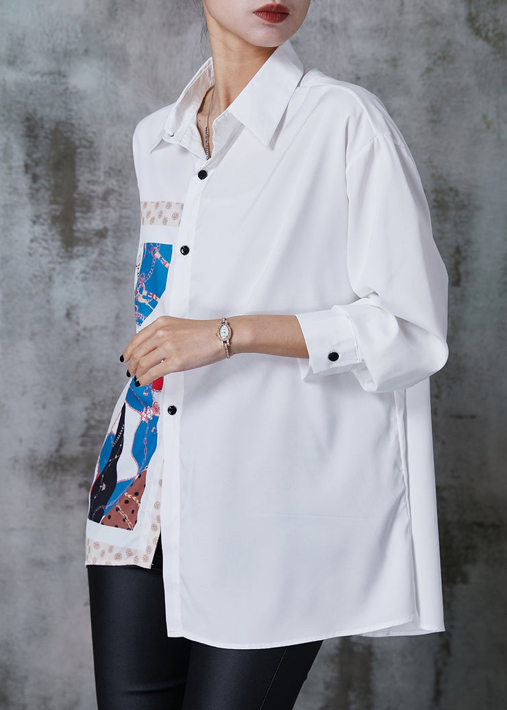 White Original Print Chiffon Shirts Asymmetrical Design Summer