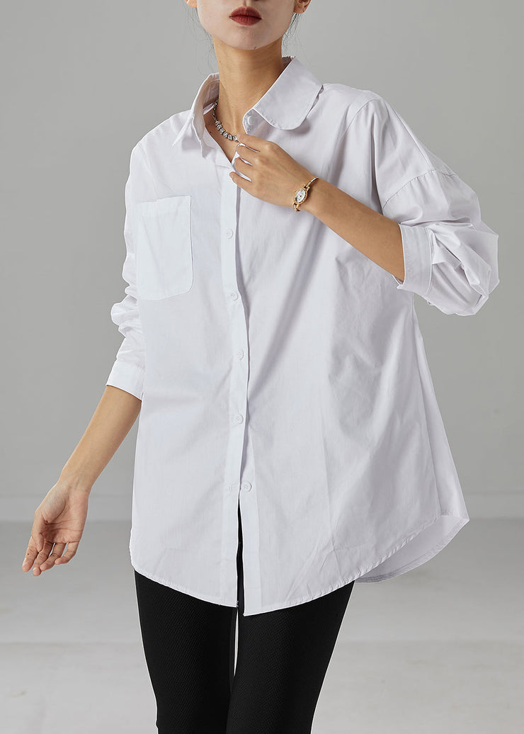 White Oversized Cotton Shirt Peter Pan Collar Pocket Fall