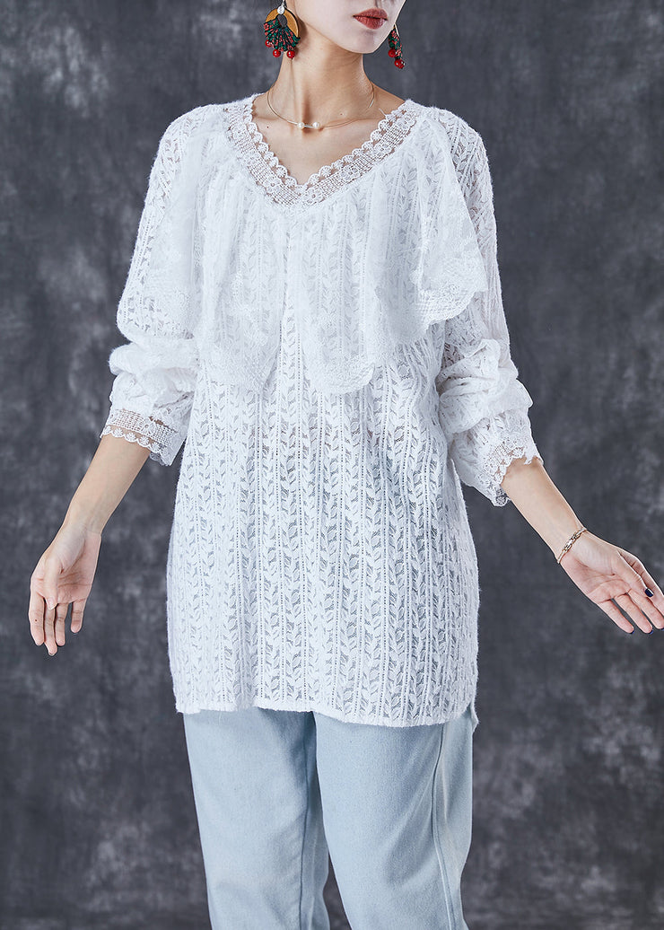 White Oversized Lace Shirt Top V Neck Fall