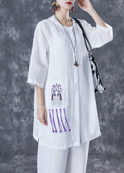 White Oversized Linen Shirts Embroideried Pocket Half Sleeve