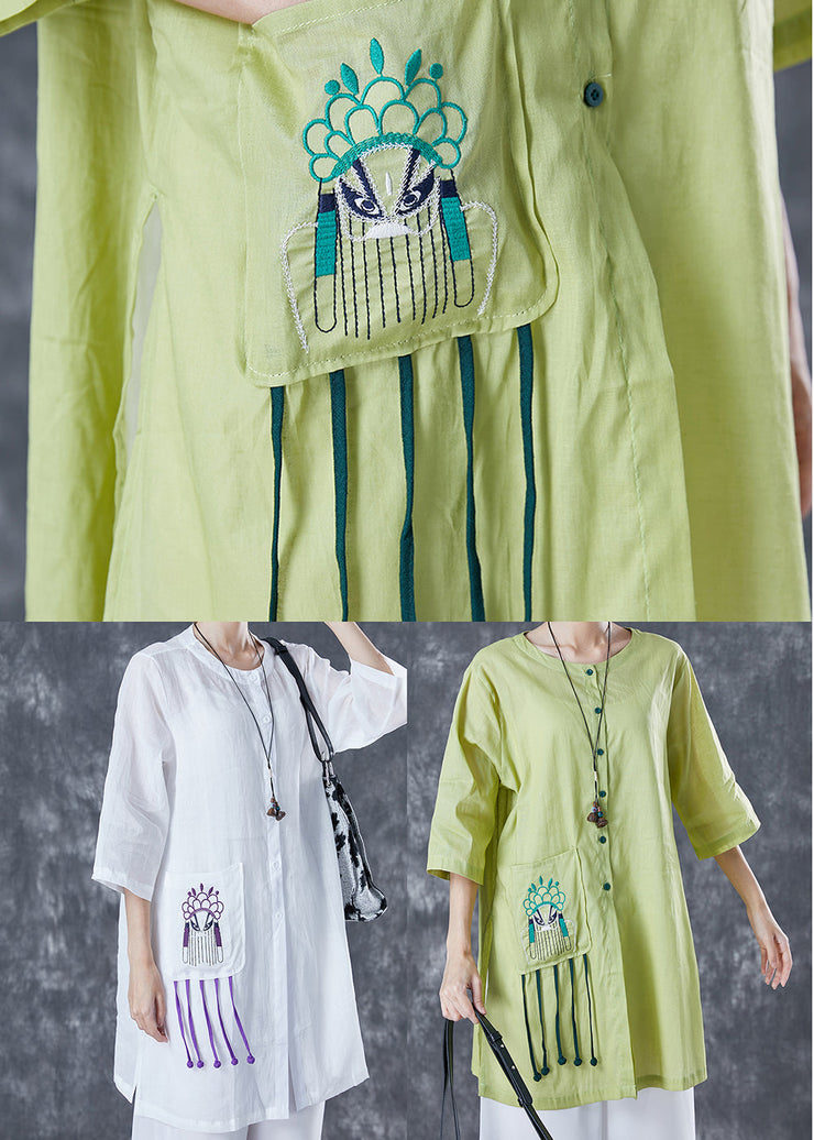 White Oversized Linen Shirts Embroideried Pocket Half Sleeve