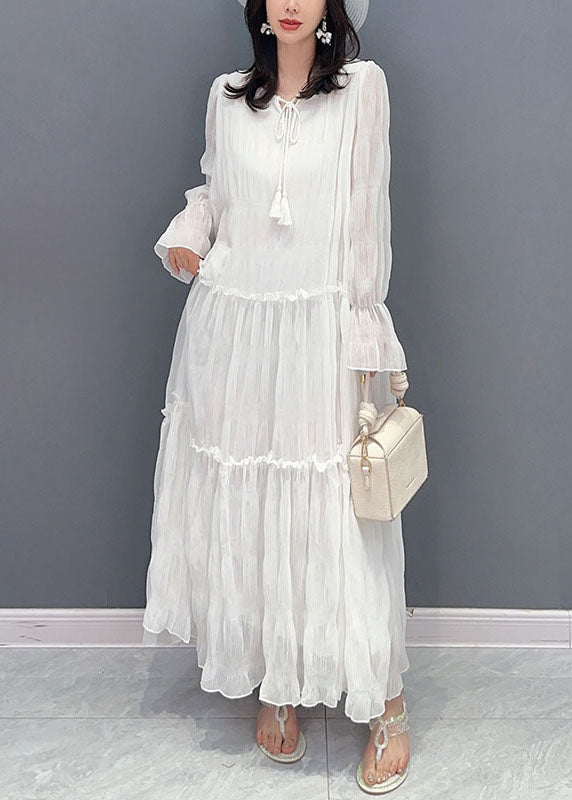 White Patchwork Chiffon Long Dress Ruffled Lace Up Summer