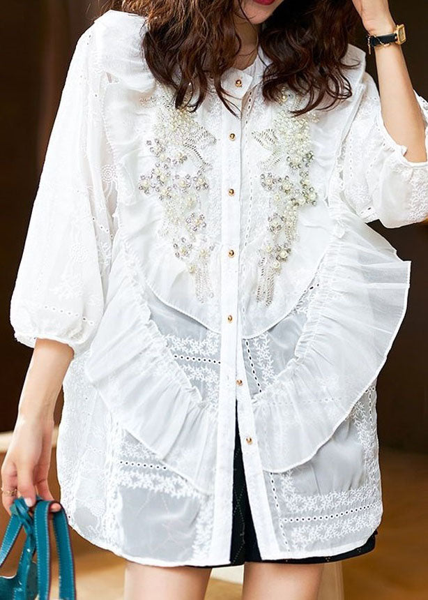 White Patchwork Chiffon Shirt Tops Ruffled Nail Bead Spring