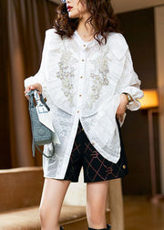 White Patchwork Chiffon Shirt Tops Ruffled Nail Bead Spring