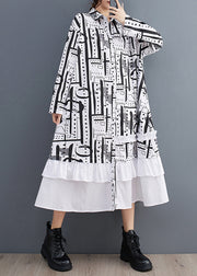 White Patchwork Cotton Dresses Ruffled Print Fall