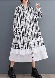 White Patchwork Cotton Dresses Ruffled Print Fall