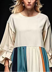 White Patchwork Cotton Long Dress Exra Large Hem Flare Sleeve